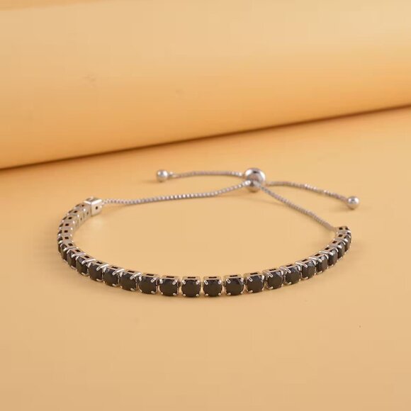 Women’s Black Simulated Diamond Tennis Bracelet w/Bolo Slider in Silvertone - Picture 2 of 2